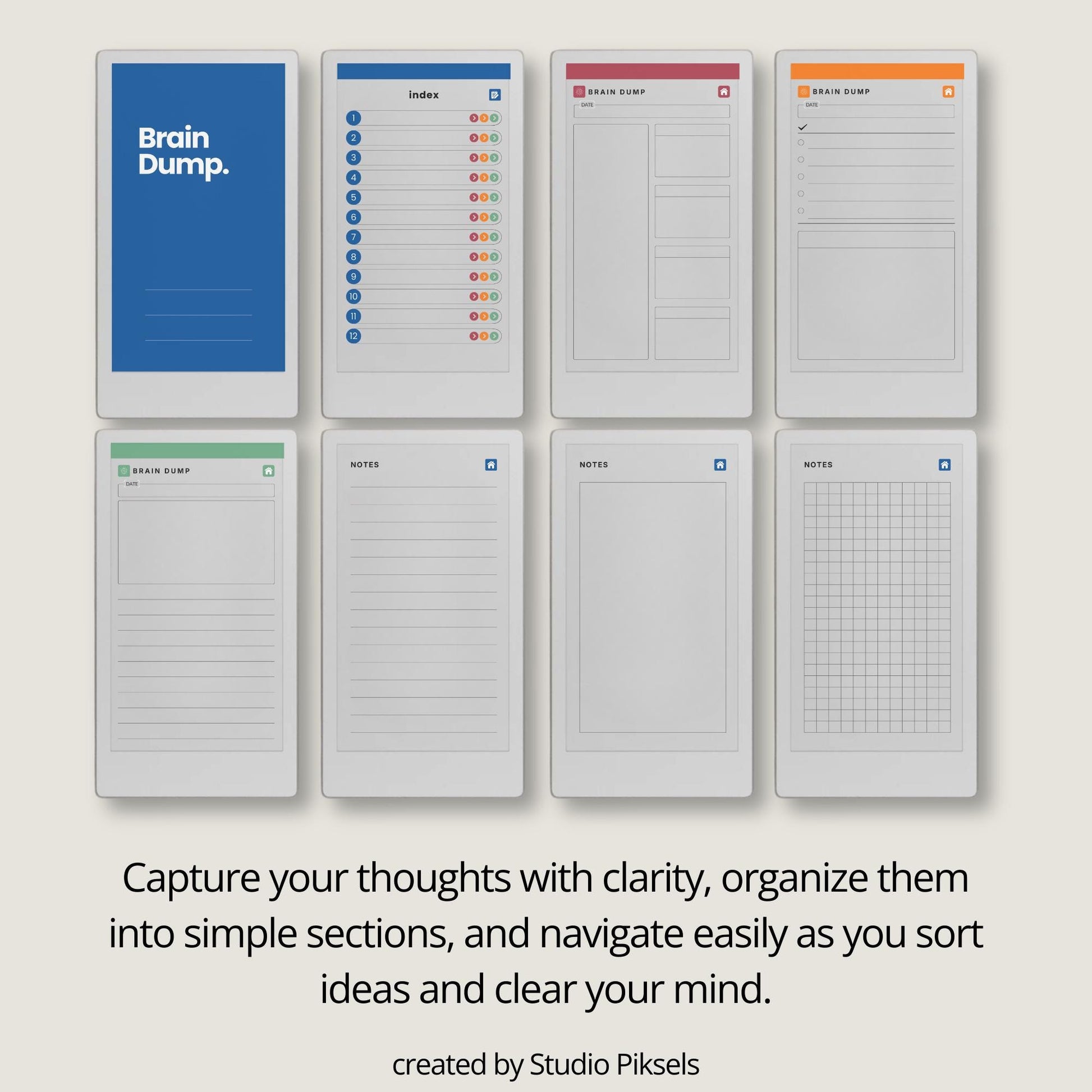 Hyperlinked brain dump notebook for reMarkable Paper Pro Move with list-style index and structured, lined, and open layouts.