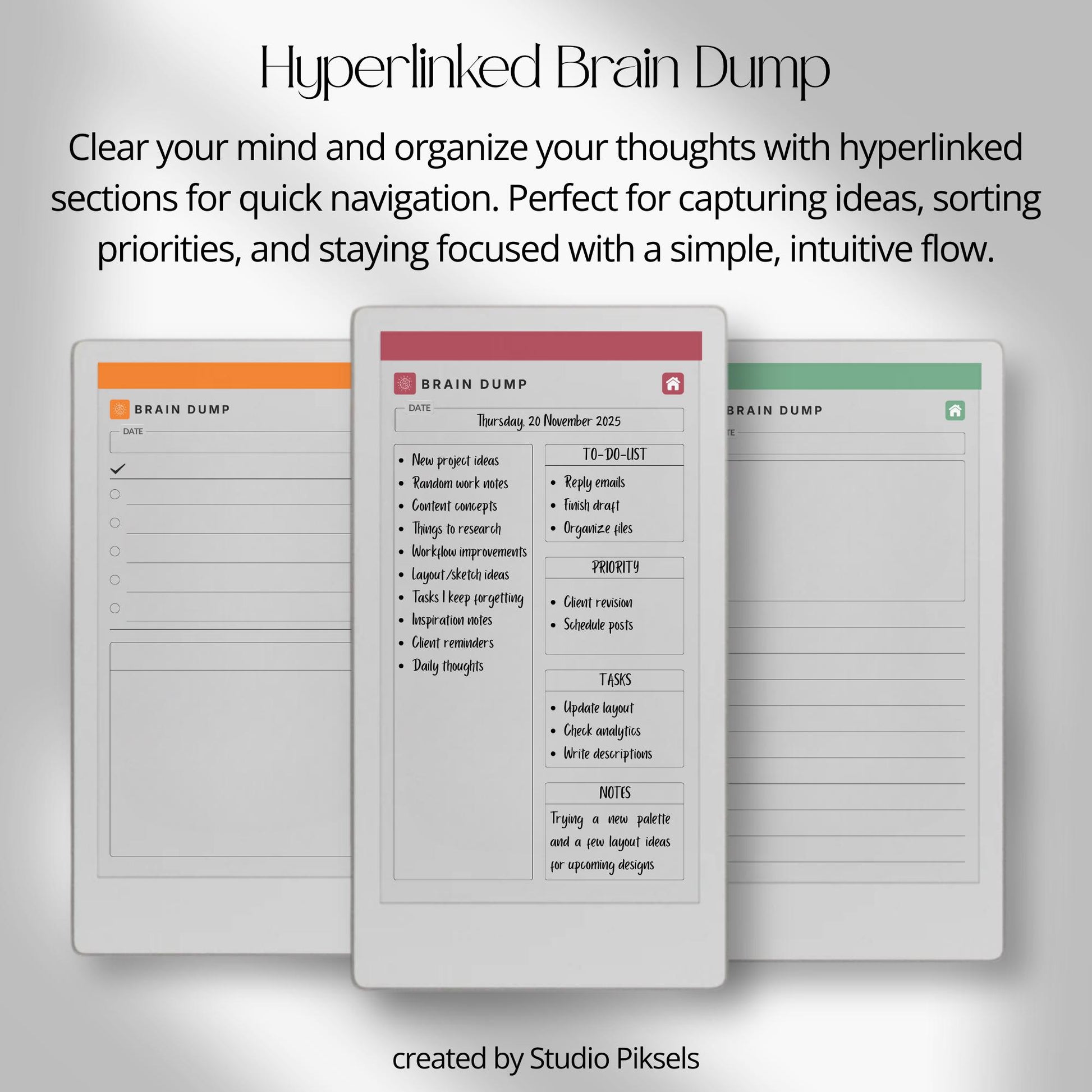 Hyperlinked brain dump notebook for reMarkable Paper Pro Move with list-style index and structured, lined, and open layouts.