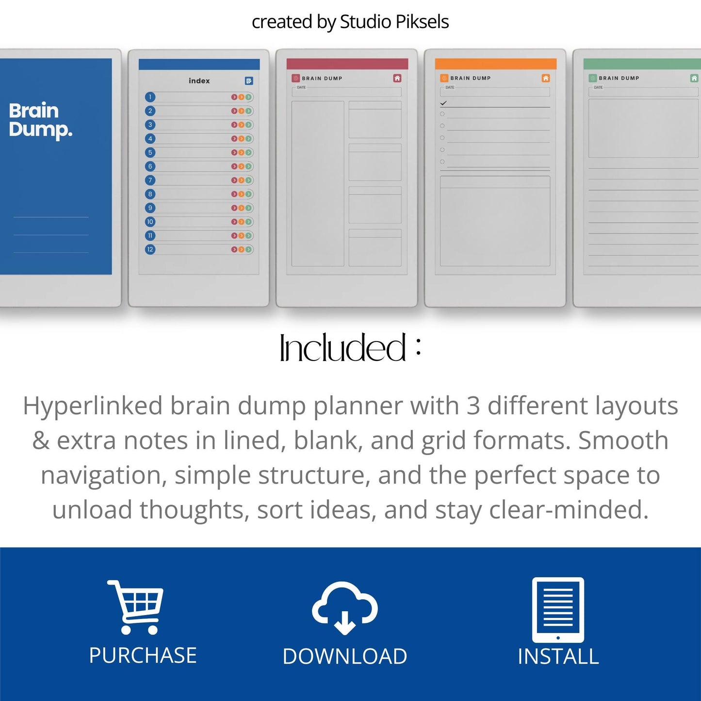 Hyperlinked brain dump notebook for reMarkable Paper Pro Move with list-style index and structured, lined, and open layouts.