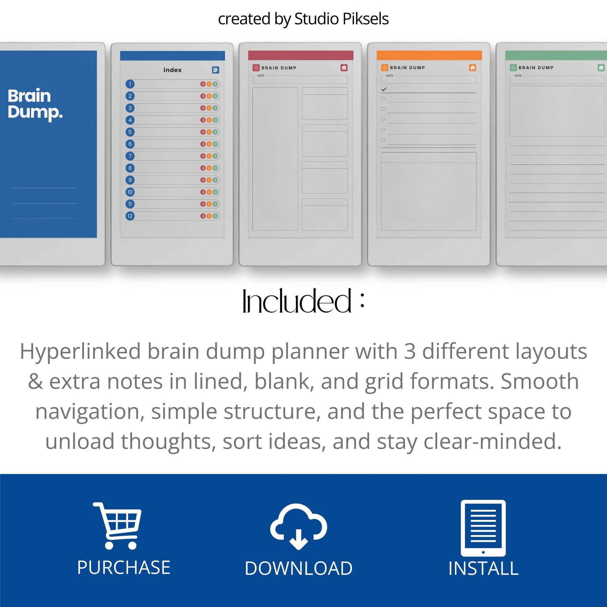 Hyperlinked brain dump notebook for reMarkable Paper Pro Move with list-style index and structured, lined, and open layouts.