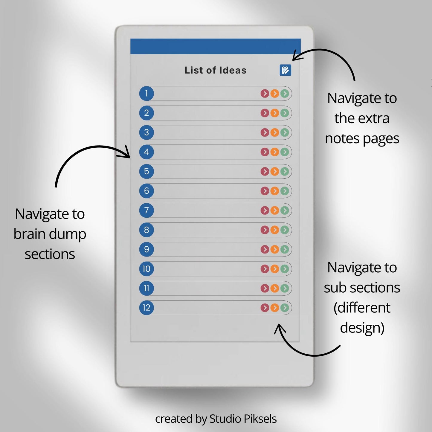 Hyperlinked brain dump notebook for reMarkable Paper Pro Move with list-style index and structured, lined, and open layouts.
