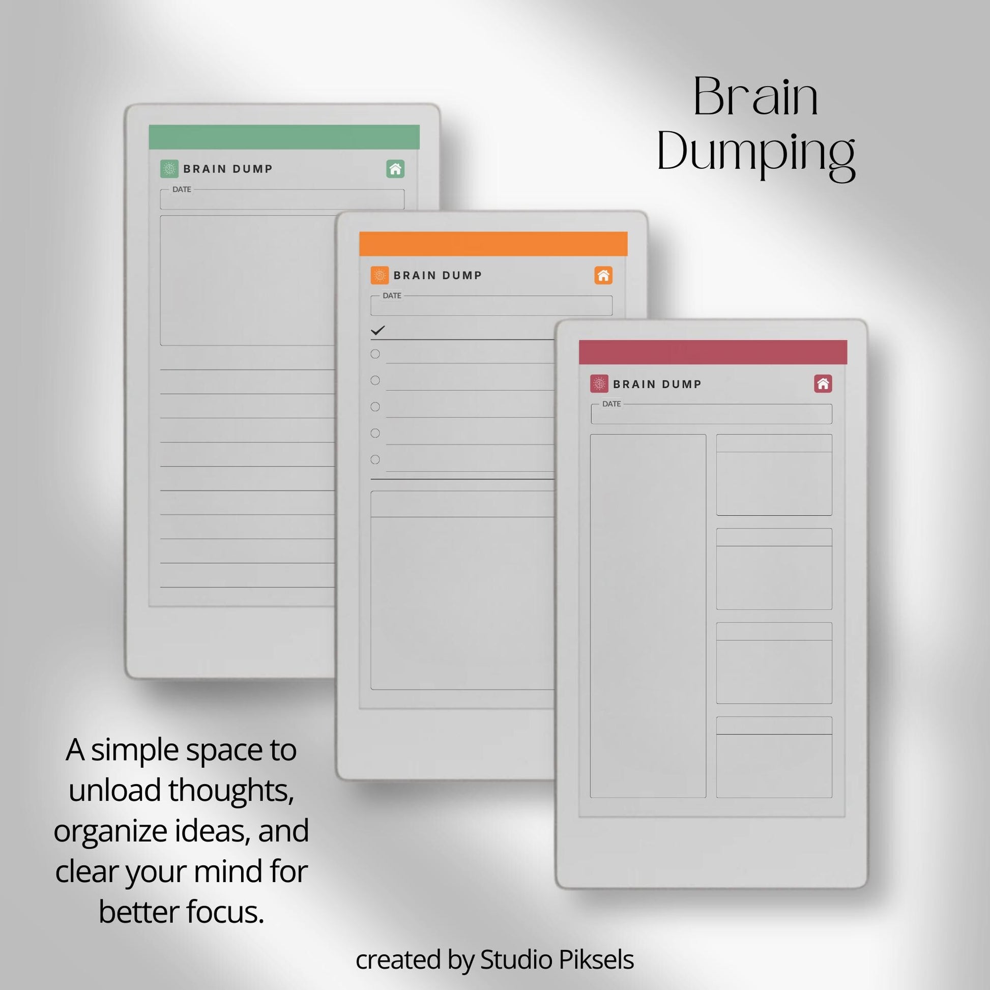 Hyperlinked brain dump notebook for reMarkable Paper Pro Move with list-style index and structured, lined, and open layouts.