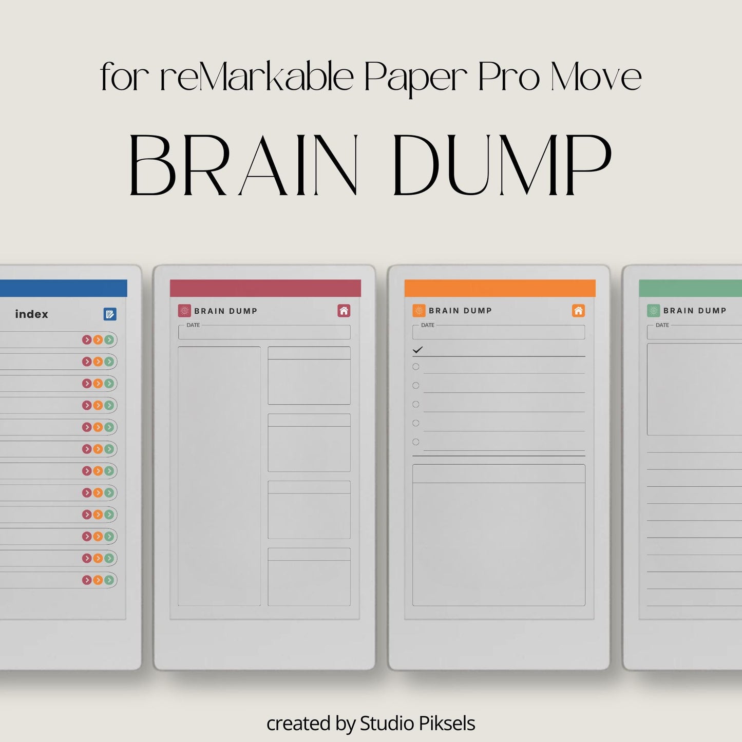 Hyperlinked brain dump notebook for reMarkable Paper Pro Move with list-style index and structured, lined, and open layouts.