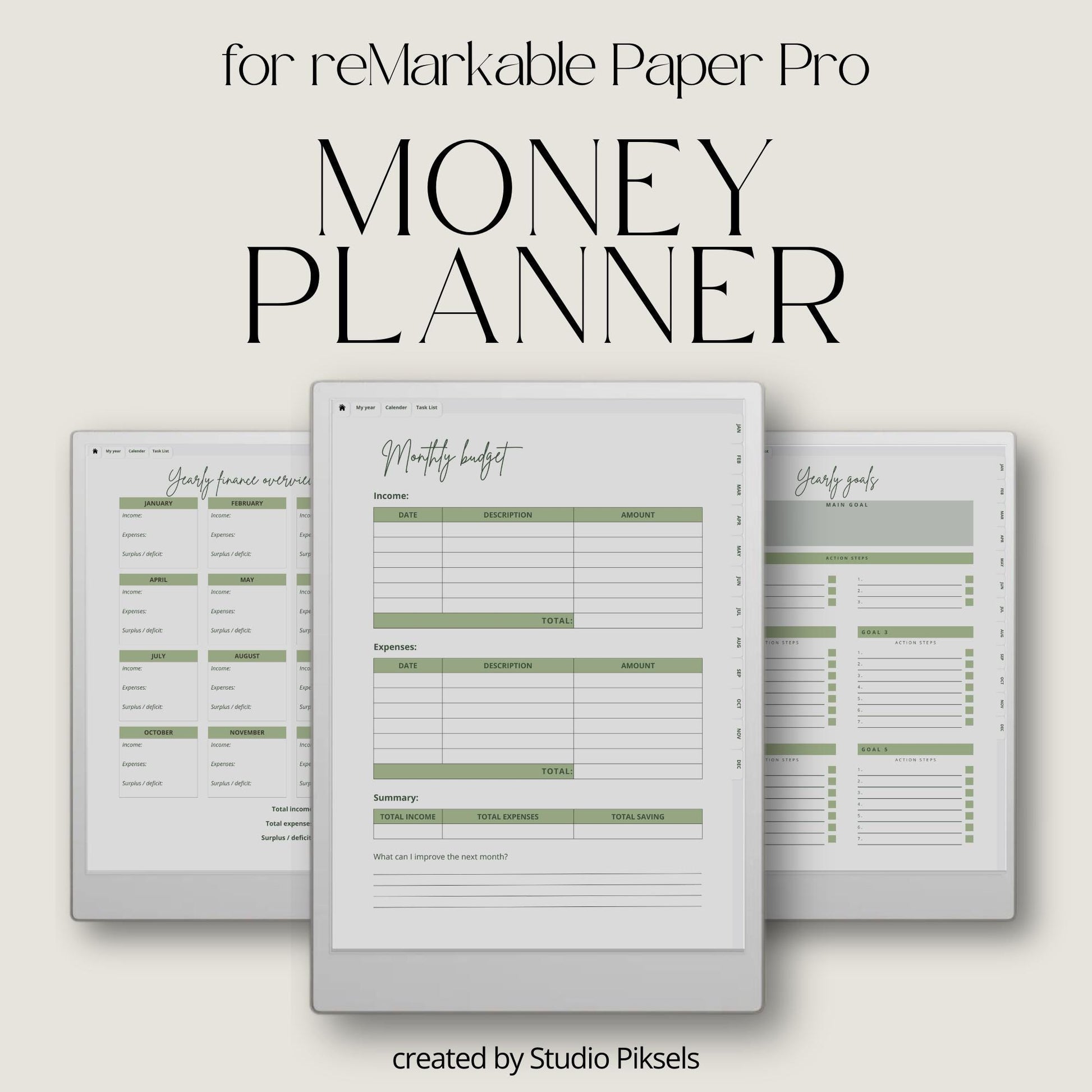 2026 Budget Planner for reMarkable Paper Pro with hyperlinked finance pages, monthly budgeting layouts, savings trackers, and digital money management tools.