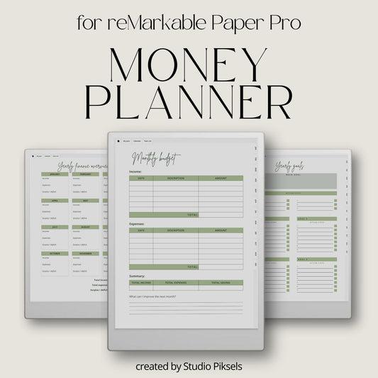 2026 Budget Planner for reMarkable Paper Pro with hyperlinked finance pages, monthly budgeting layouts, savings trackers, and digital money management tools.