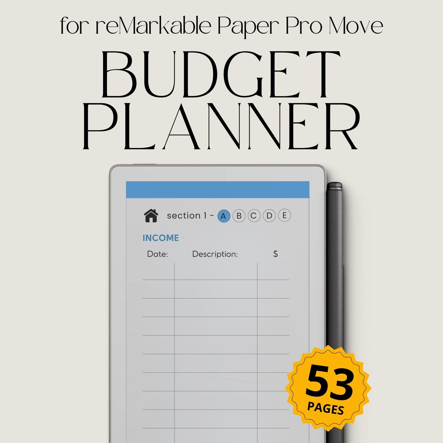 Budget planner for reMarkable Paper Pro Move with hyperlinked sections.