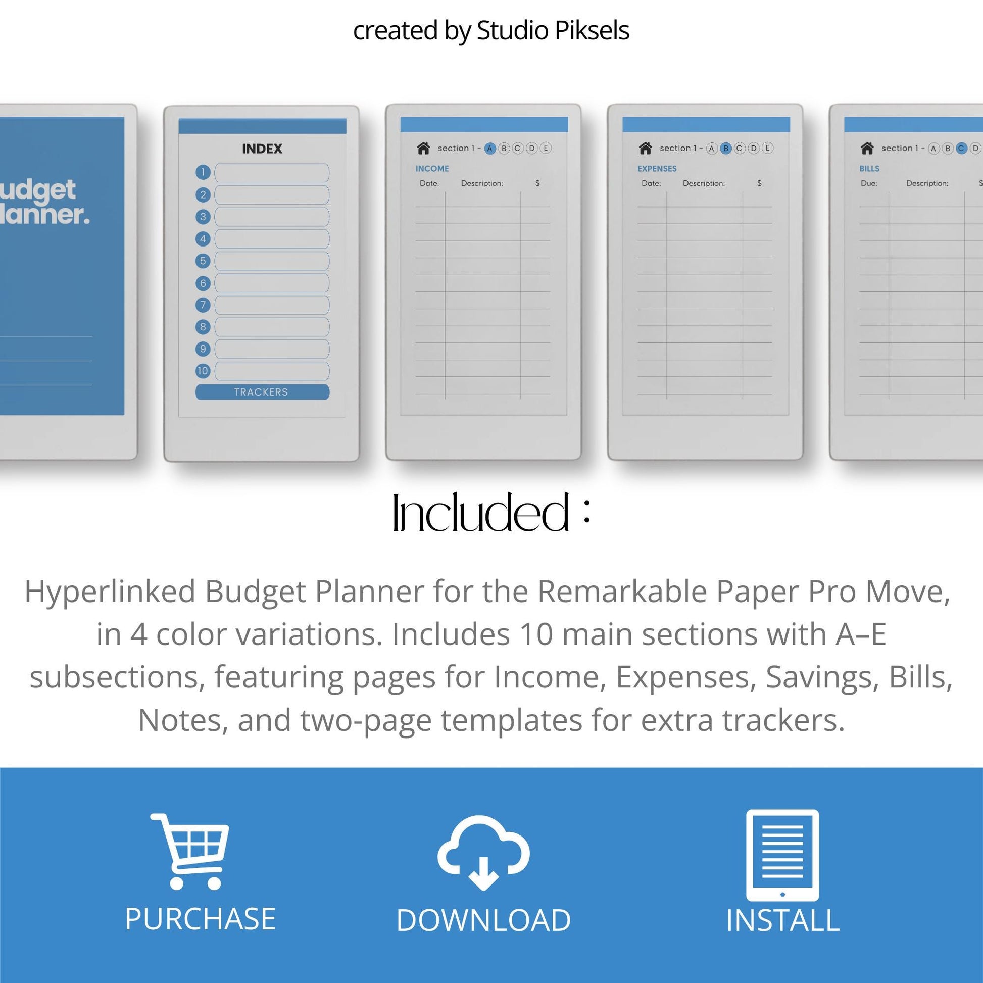 Budget planner for reMarkable Paper Pro Move with hyperlinked sections.