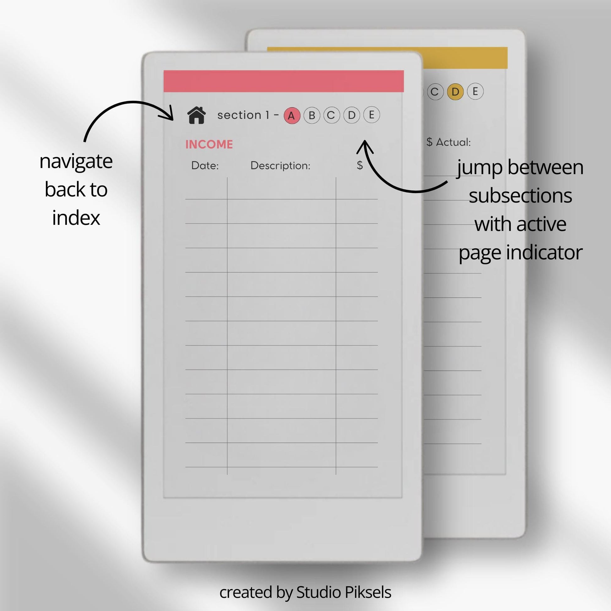 Budget planner for reMarkable Paper Pro Move with hyperlinked sections.