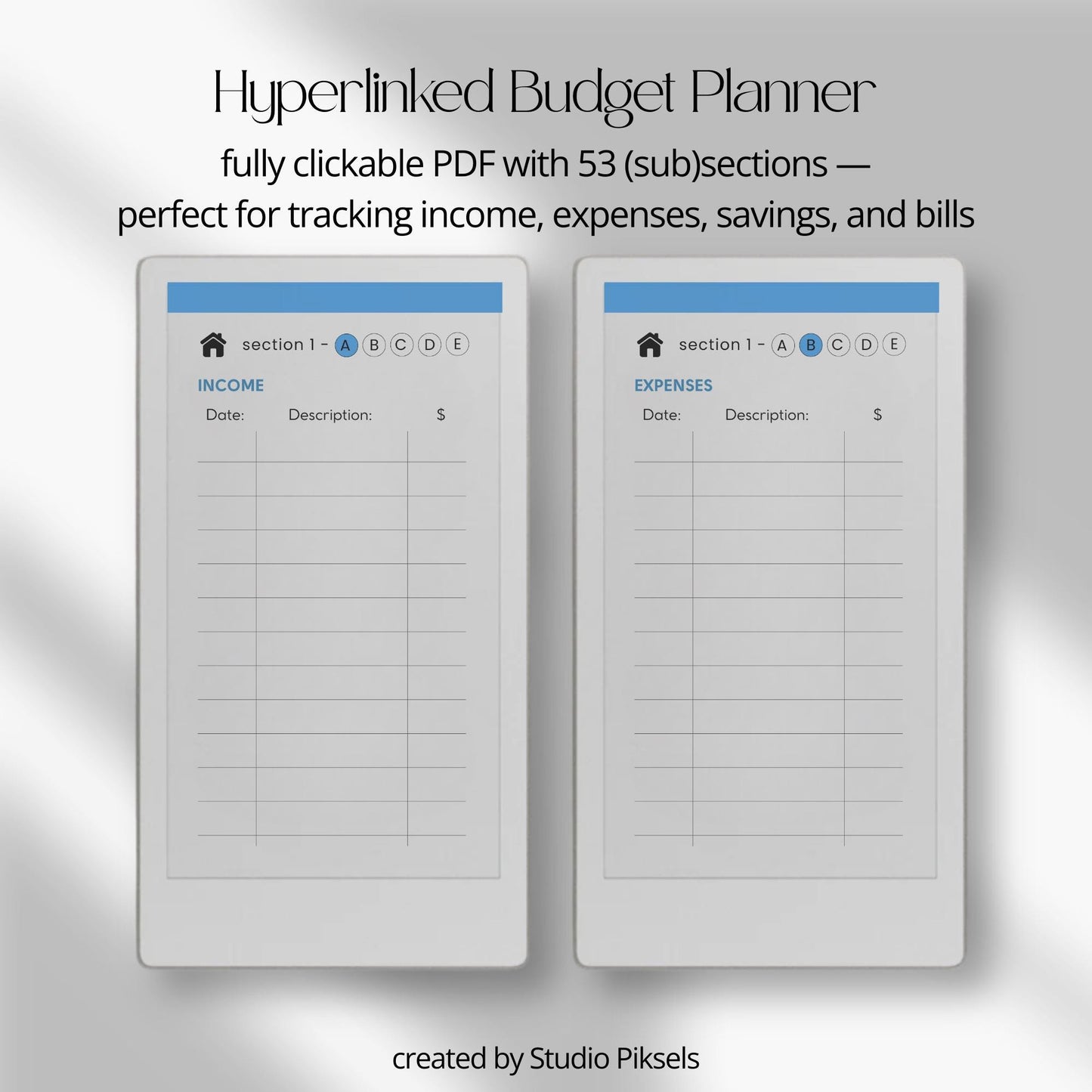 Budget planner for reMarkable Paper Pro Move with hyperlinked sections.