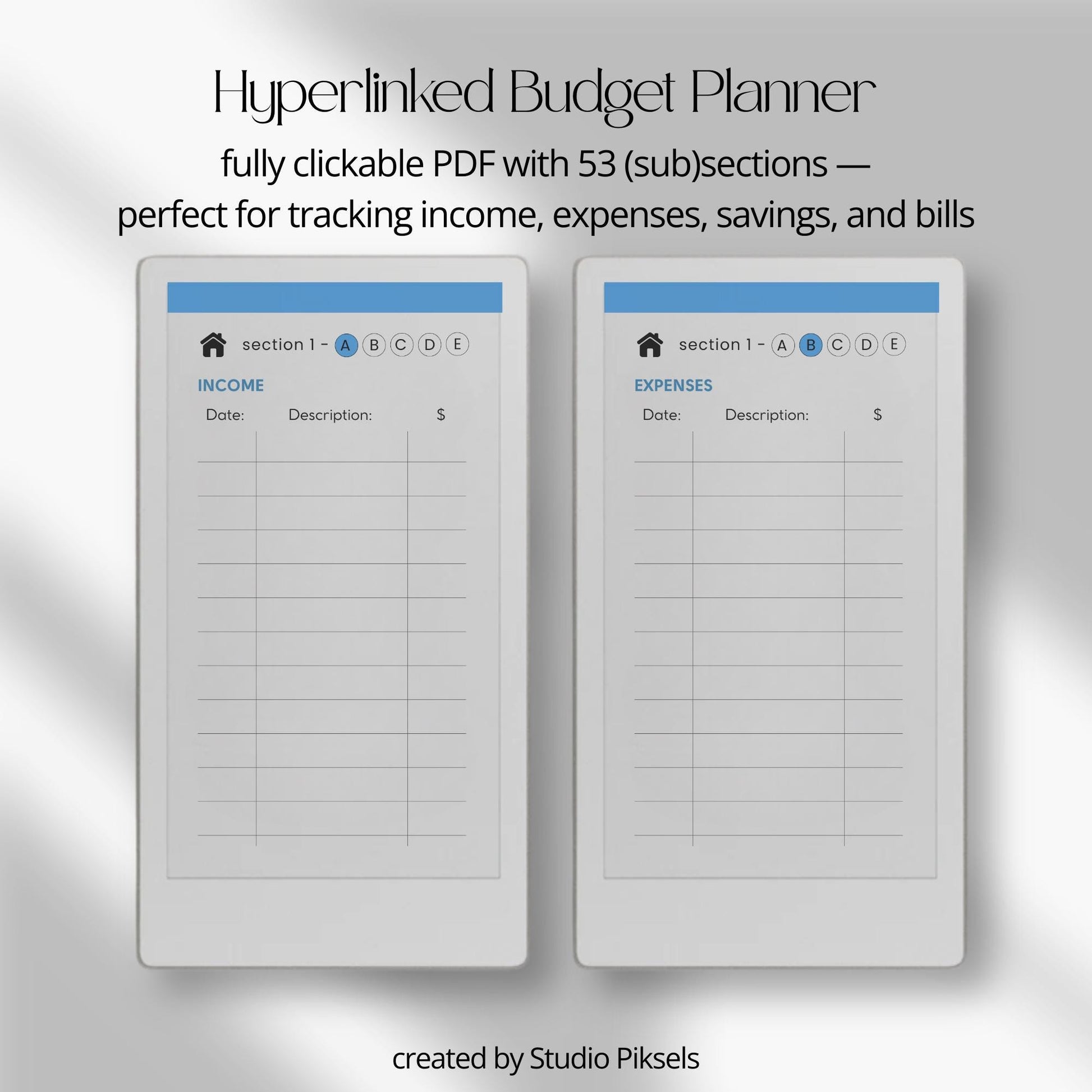 Budget planner for reMarkable Paper Pro Move with hyperlinked sections.