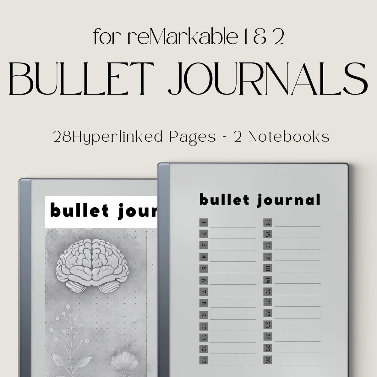 Bullet Journal Bundle for reMarkable Paper Pure and reMarkable 2 with hyperlinked small and large dot grid notebook layouts