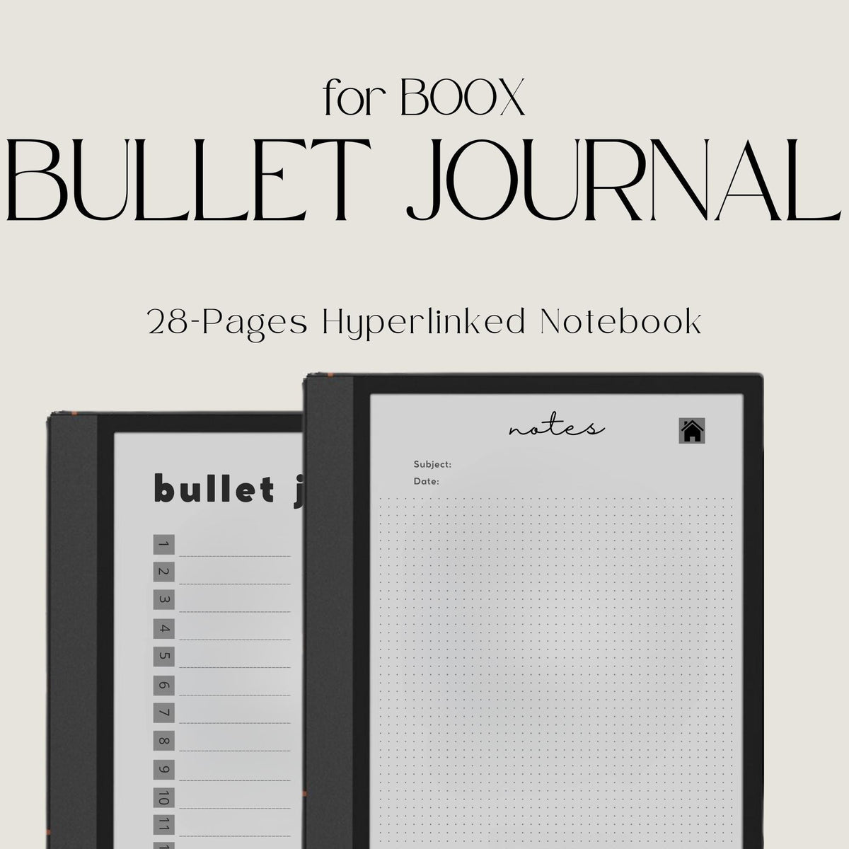 BOOX Bullet Journal with hyperlinked dotted grid pages, minimalist grayscale layouts, and reusable digital notebook design.