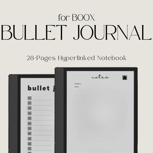 BOOX Bullet Journal with hyperlinked dotted grid pages, minimalist grayscale layouts, and reusable digital notebook design.