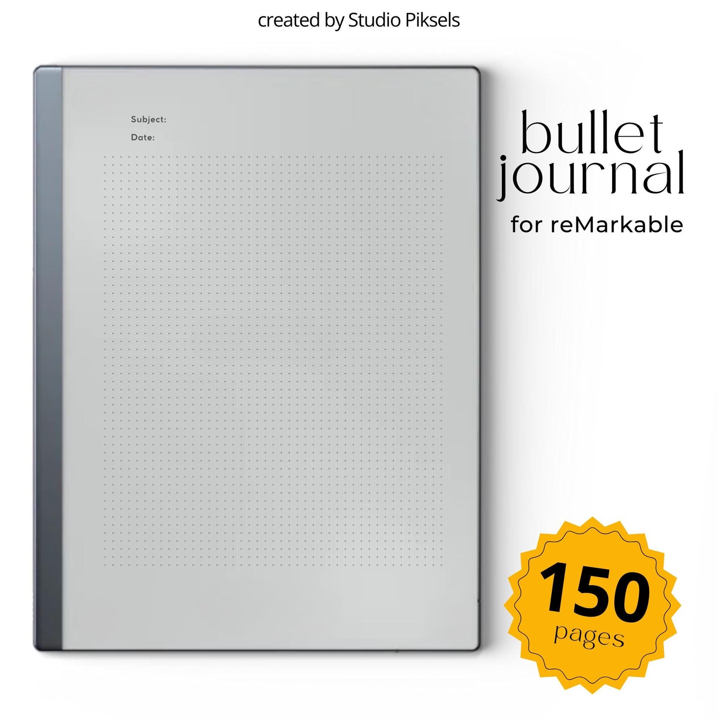 Bullet Journal for reMarkable 2 and reMarkable Paper Pure featuring 150 dot grid digital notebook pages with minimalist layouts for journaling and planning