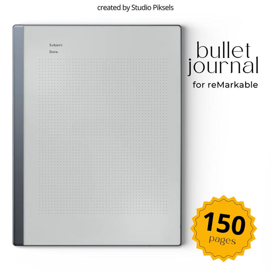 Bullet Journal for reMarkable 2 and reMarkable Paper Pure featuring 150 dot grid digital notebook pages with minimalist layouts for journaling and planning