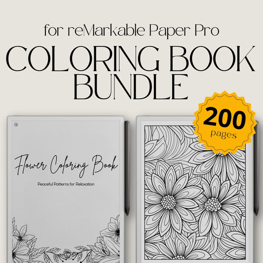 Digital coloring book bundle for reMarkable Paper Pro featuring floral and mandala line art pages designed for mindful coloring, relaxation, and creative focus on E Ink devices.