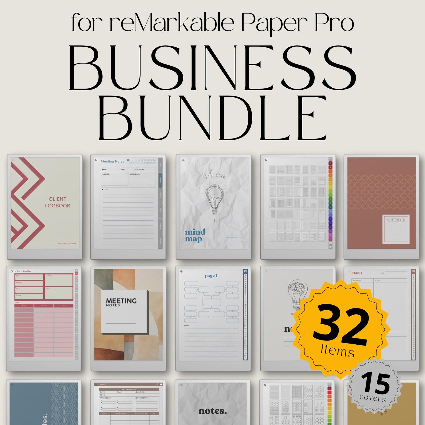 Business productivity bundle for reMarkable Paper Pro with hyperlinked planners, workflow templates, client logbook, meeting notes, task trackers, budget planner, mind map layouts, and digital business organization system designed for structured planning and efficient workflow management.