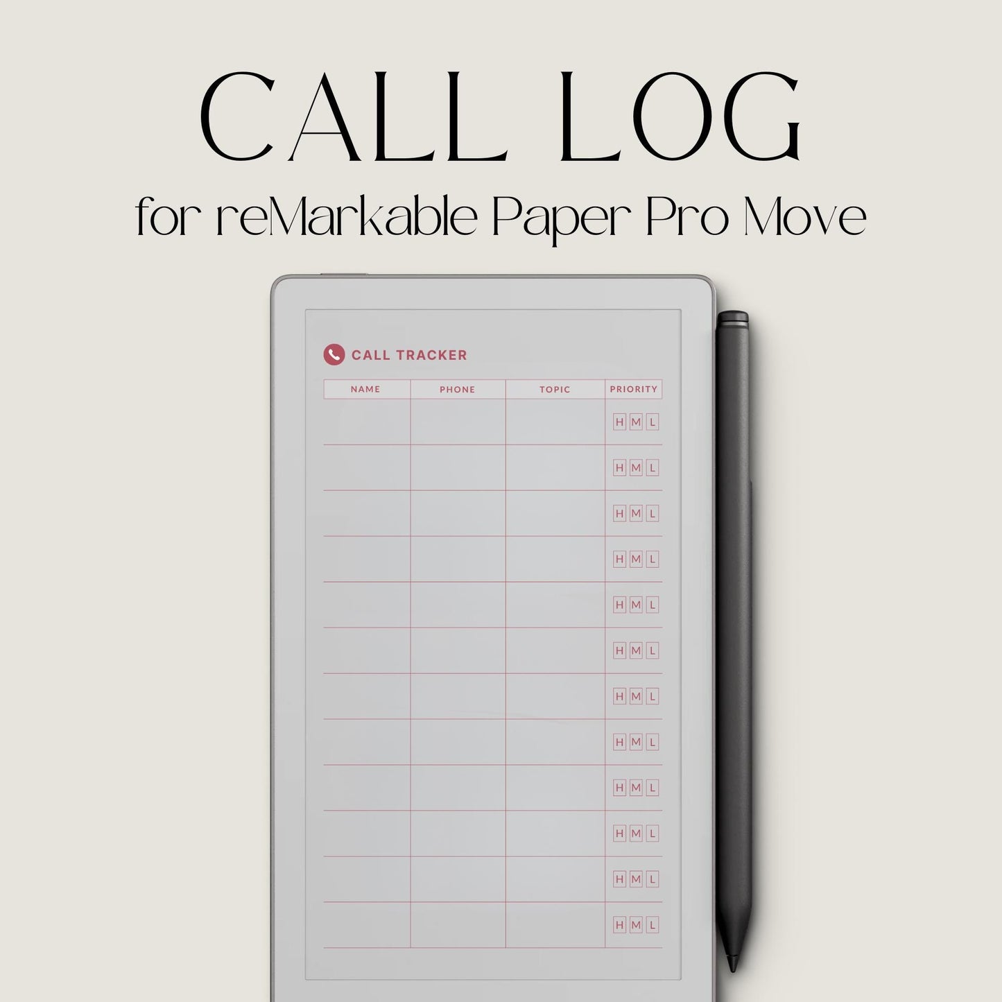 Call Tracker PDF for reMarkable Paper Pro Move with 26 minimal call log pages and structured layout.