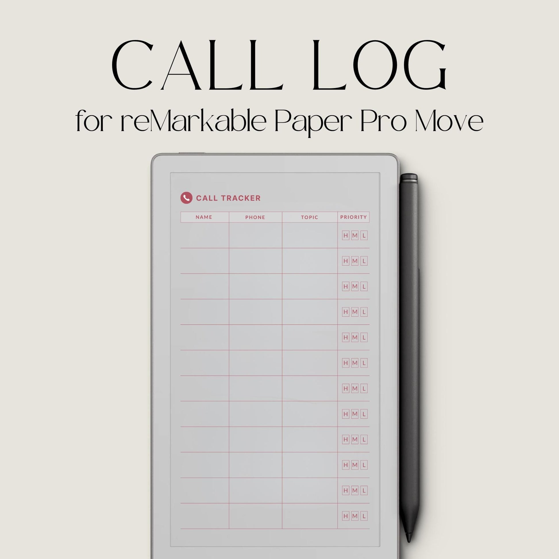 Call Tracker PDF for reMarkable Paper Pro Move with 26 minimal call log pages and structured layout.