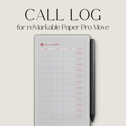 Call Tracker PDF for reMarkable Paper Pro Move with 26 minimal call log pages and structured layout.