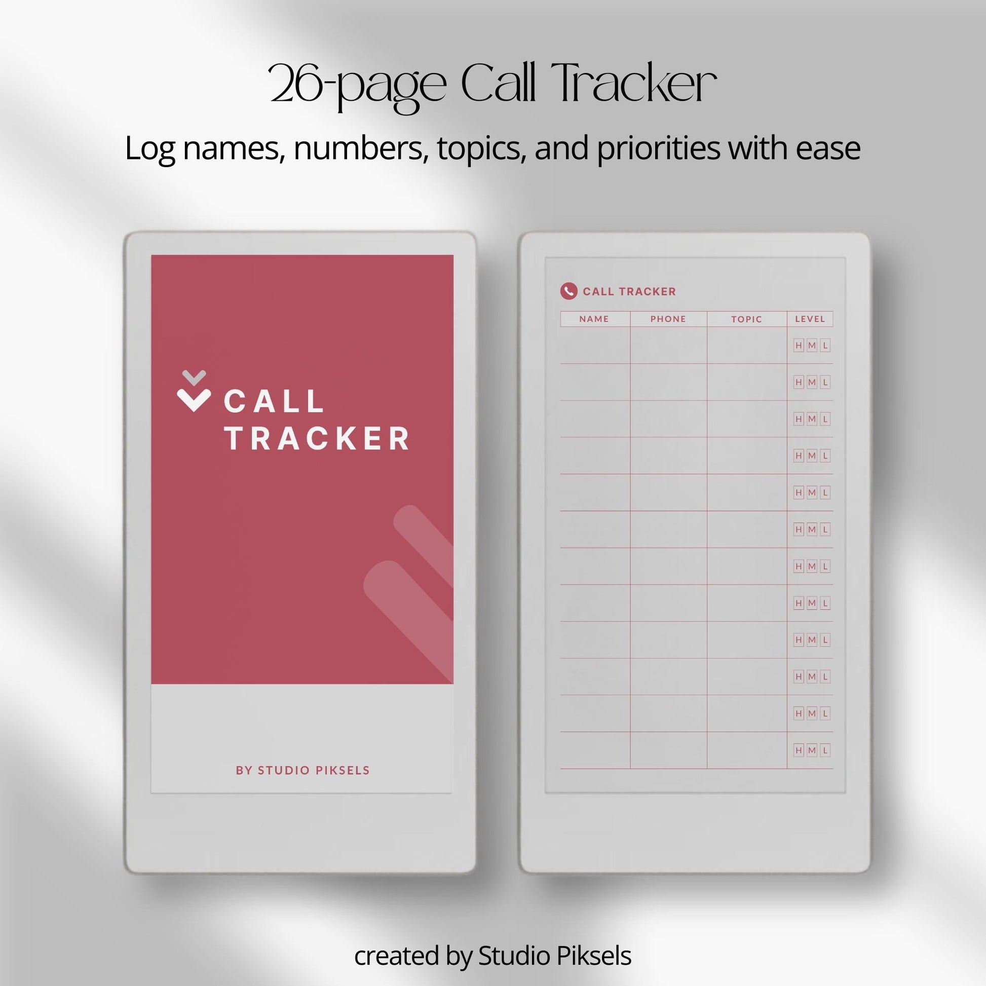 Call Tracker PDF for reMarkable Paper Pro Move with 26 minimal call log pages and structured layout.