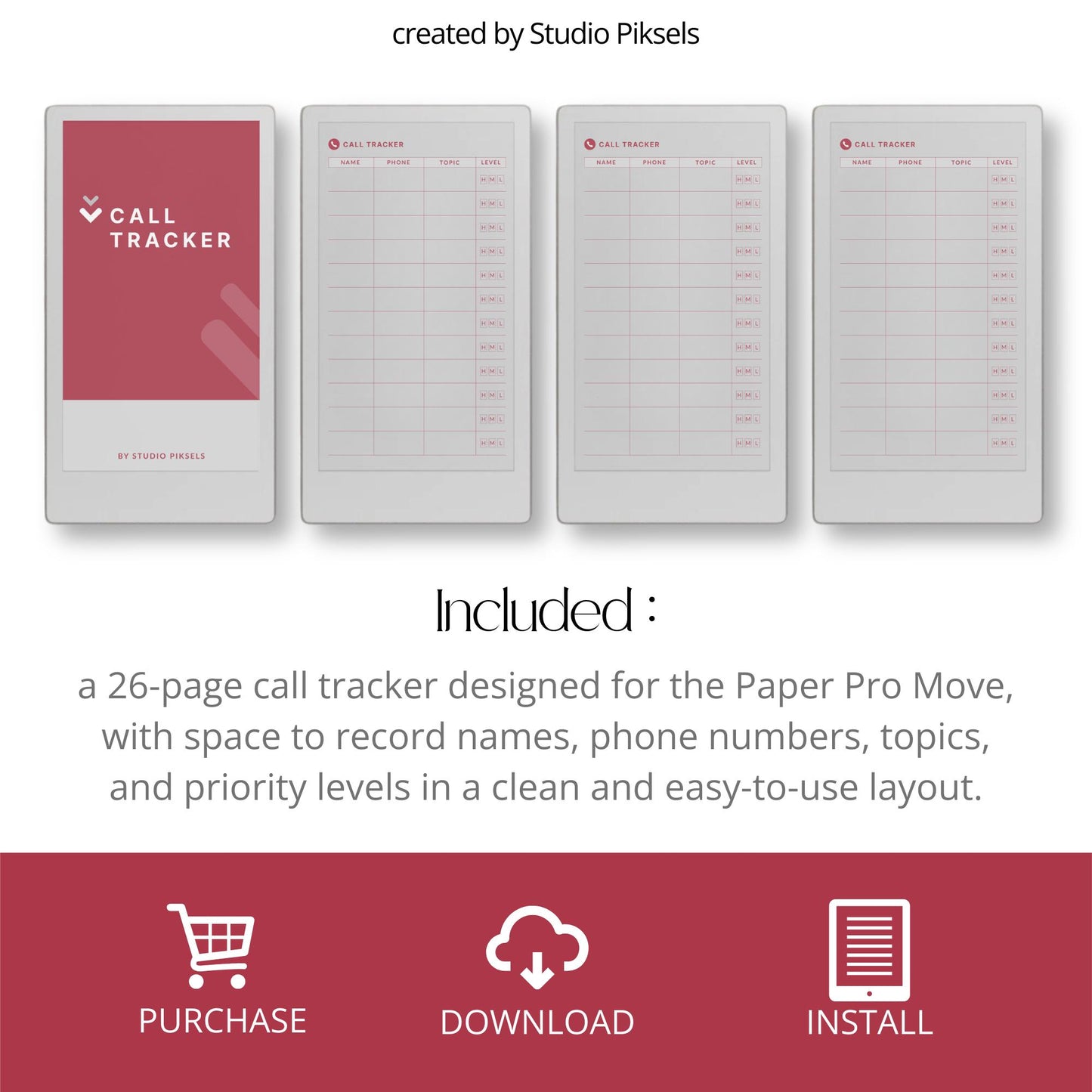 Call Tracker PDF for reMarkable Paper Pro Move with 26 minimal call log pages and structured layout.