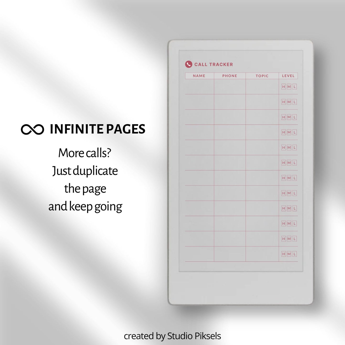 Call Tracker PDF for reMarkable Paper Pro Move with 26 minimal call log pages and structured layout.