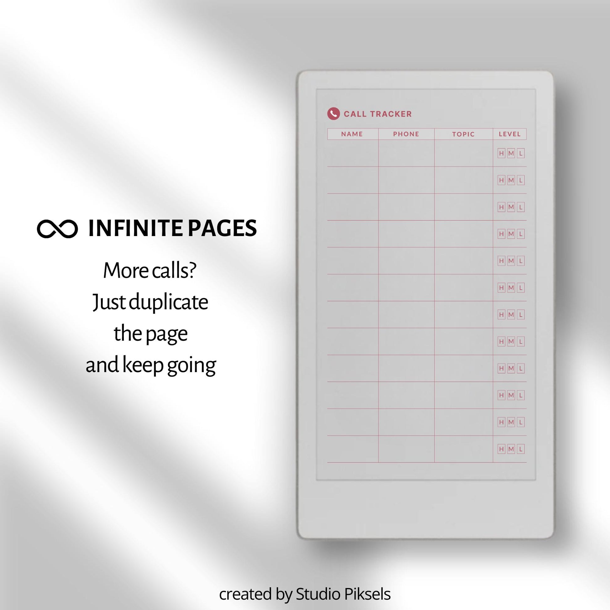 Call Tracker PDF for reMarkable Paper Pro Move with 26 minimal call log pages and structured layout.