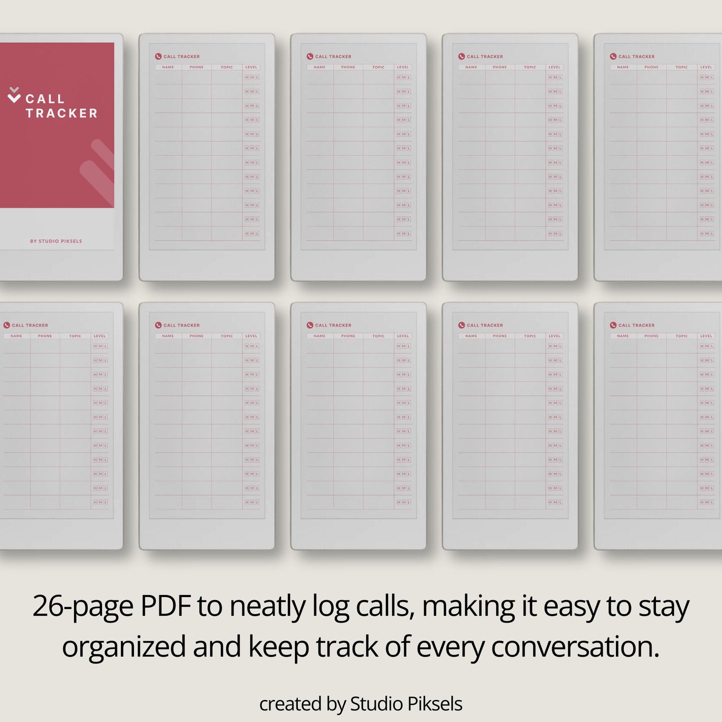 Call Tracker PDF for reMarkable Paper Pro Move with 26 minimal call log pages and structured layout.
