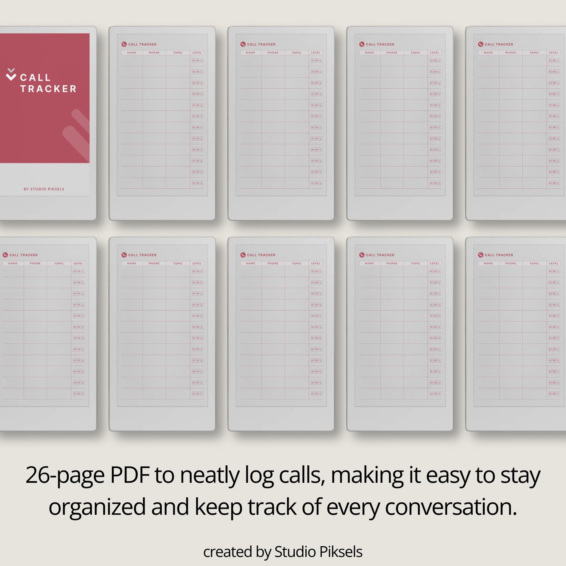 Call Tracker PDF for reMarkable Paper Pro Move with 26 minimal call log pages and structured layout.