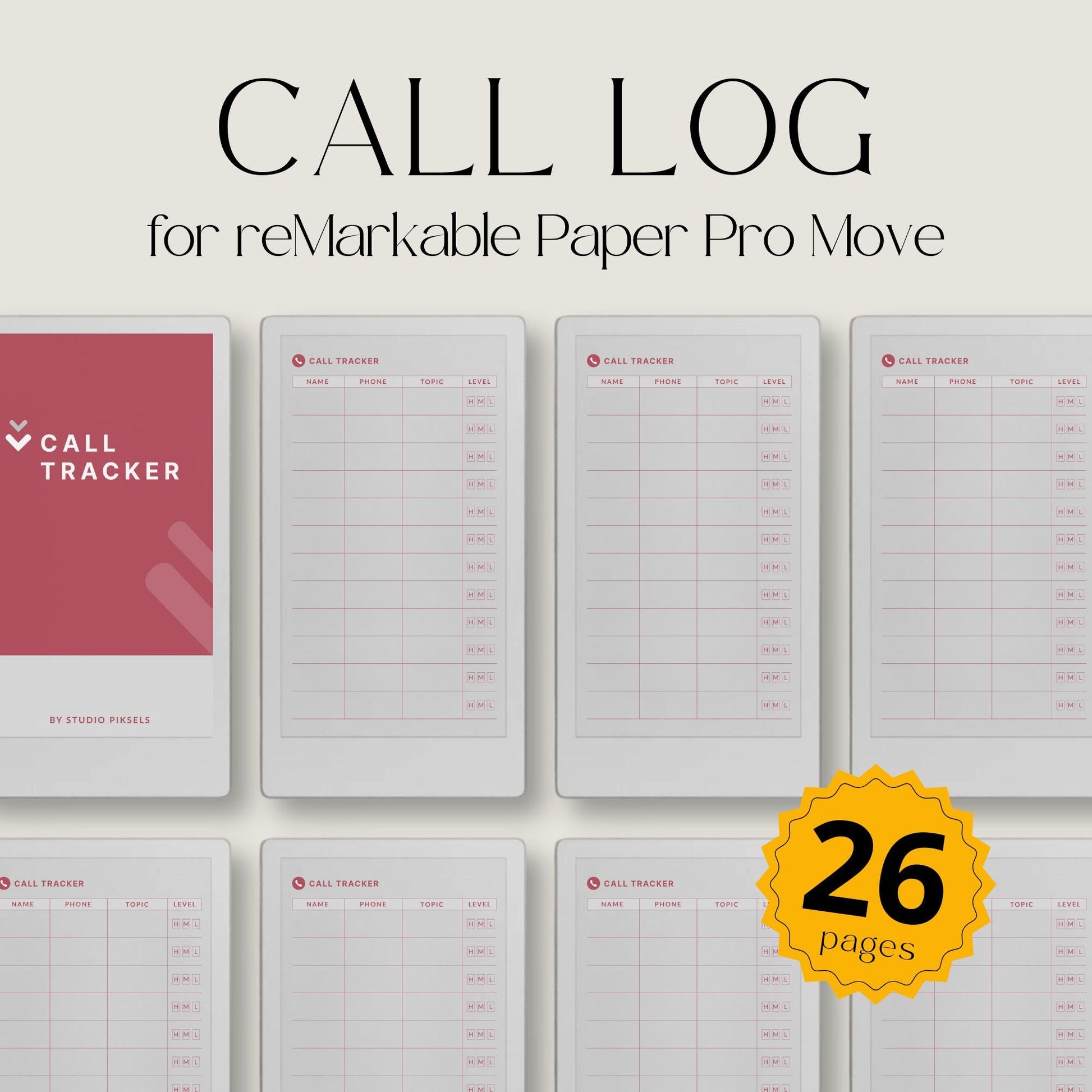 Call Tracker PDF for reMarkable Paper Pro Move with 26 minimal call log pages and structured layout.