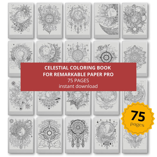 Celestial coloring book for reMarkable Paper Pro featuring 75 digital cosmic coloring pages with moons, stars, suns, and celestial patterns designed for mindfulness, relaxation, and calming eInk coloring experience.