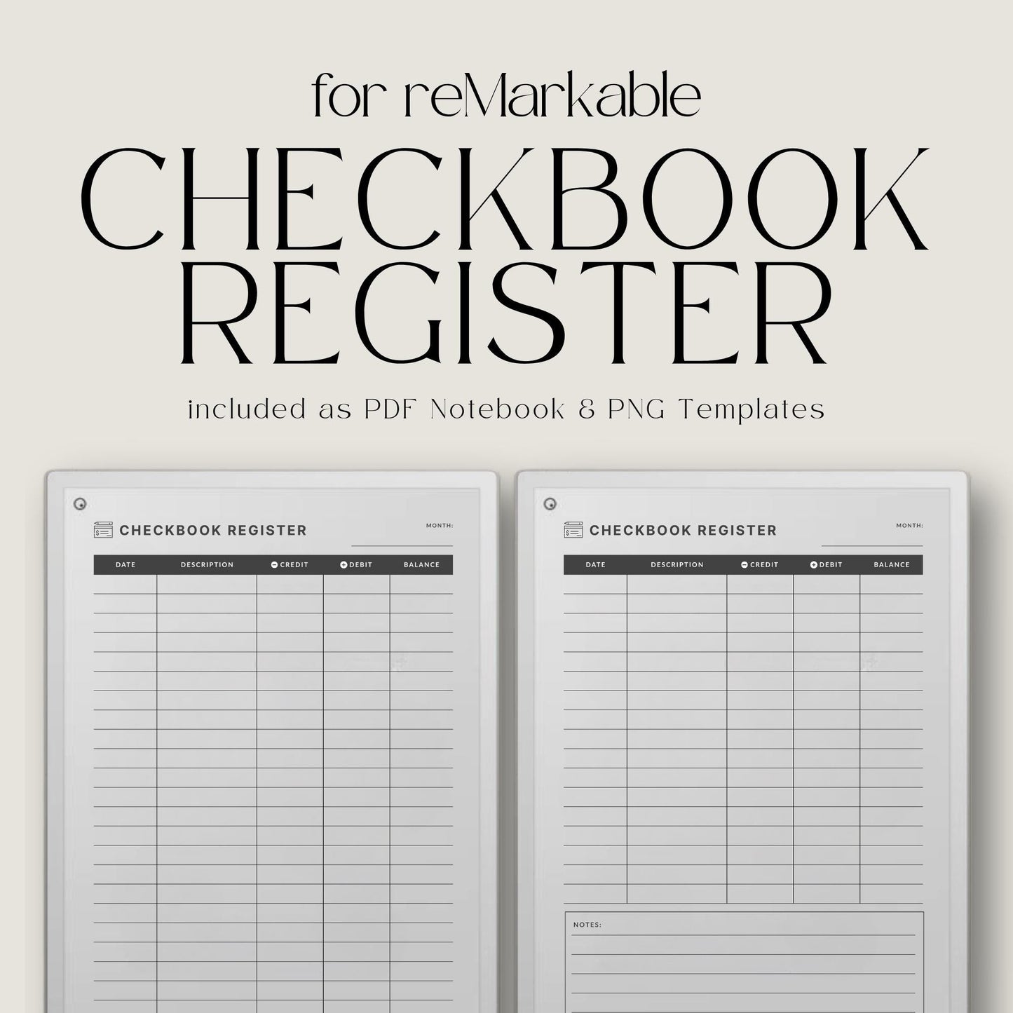 Checkbook register for reMarkable Paper Pro with PDF notebook and PNG template for tracking spending income and balances.