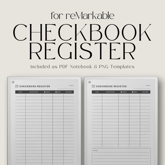 Checkbook register for reMarkable Paper Pro with PDF notebook and PNG template for tracking spending income and balances.