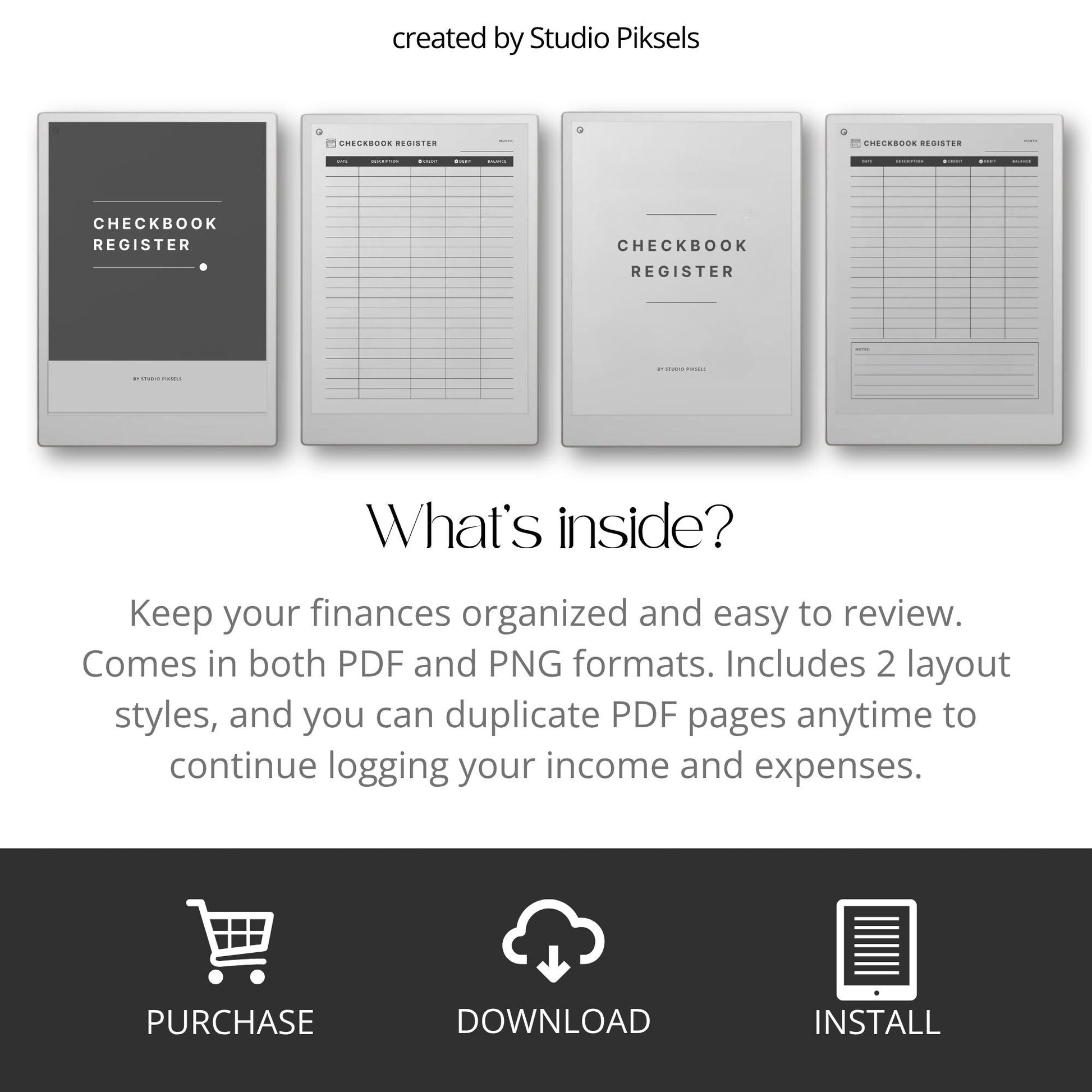 Checkbook register for reMarkable Paper Pro with PDF notebook and PNG template for tracking spending income and balances.
