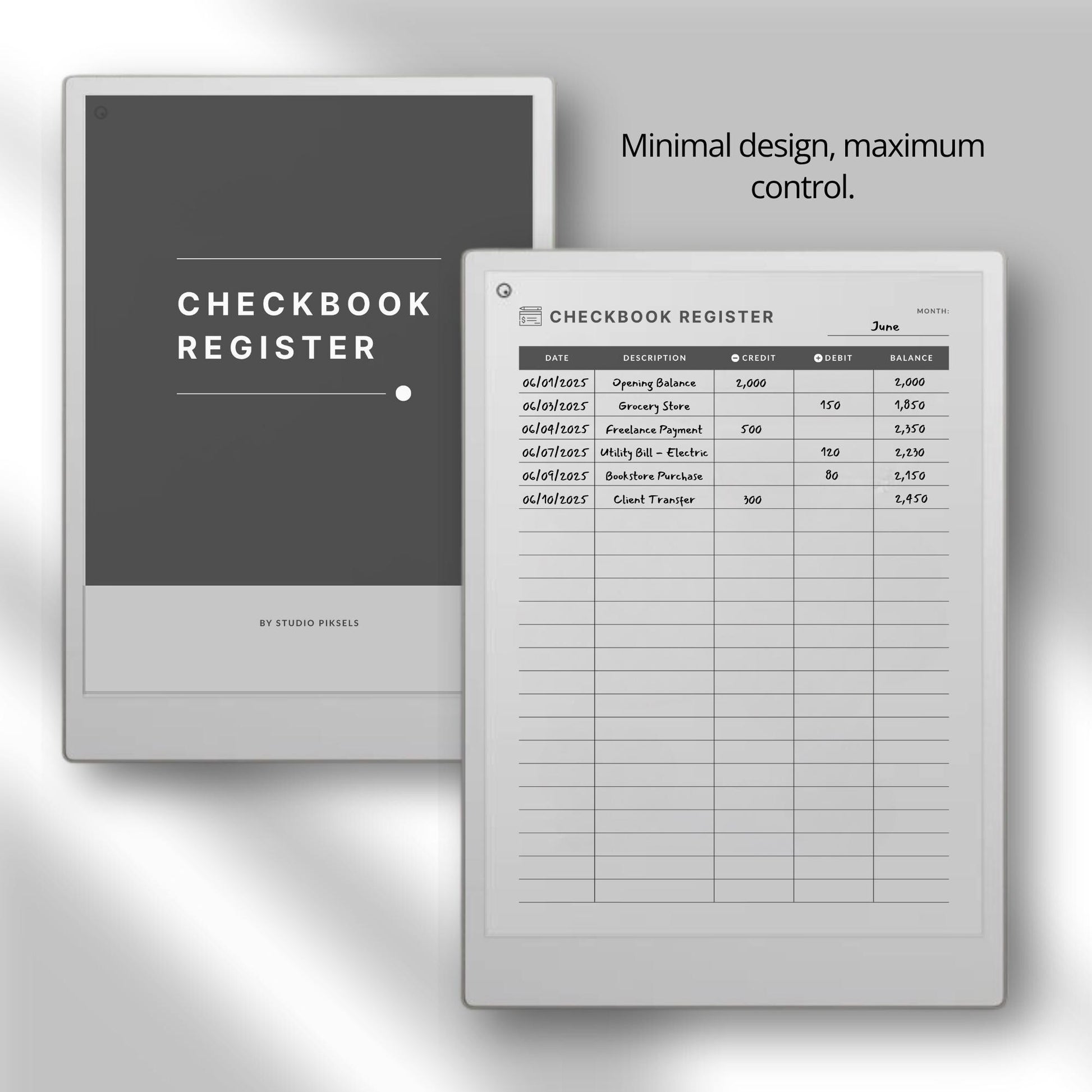 Checkbook register for reMarkable Paper Pro with PDF notebook and PNG template for tracking spending income and balances.
