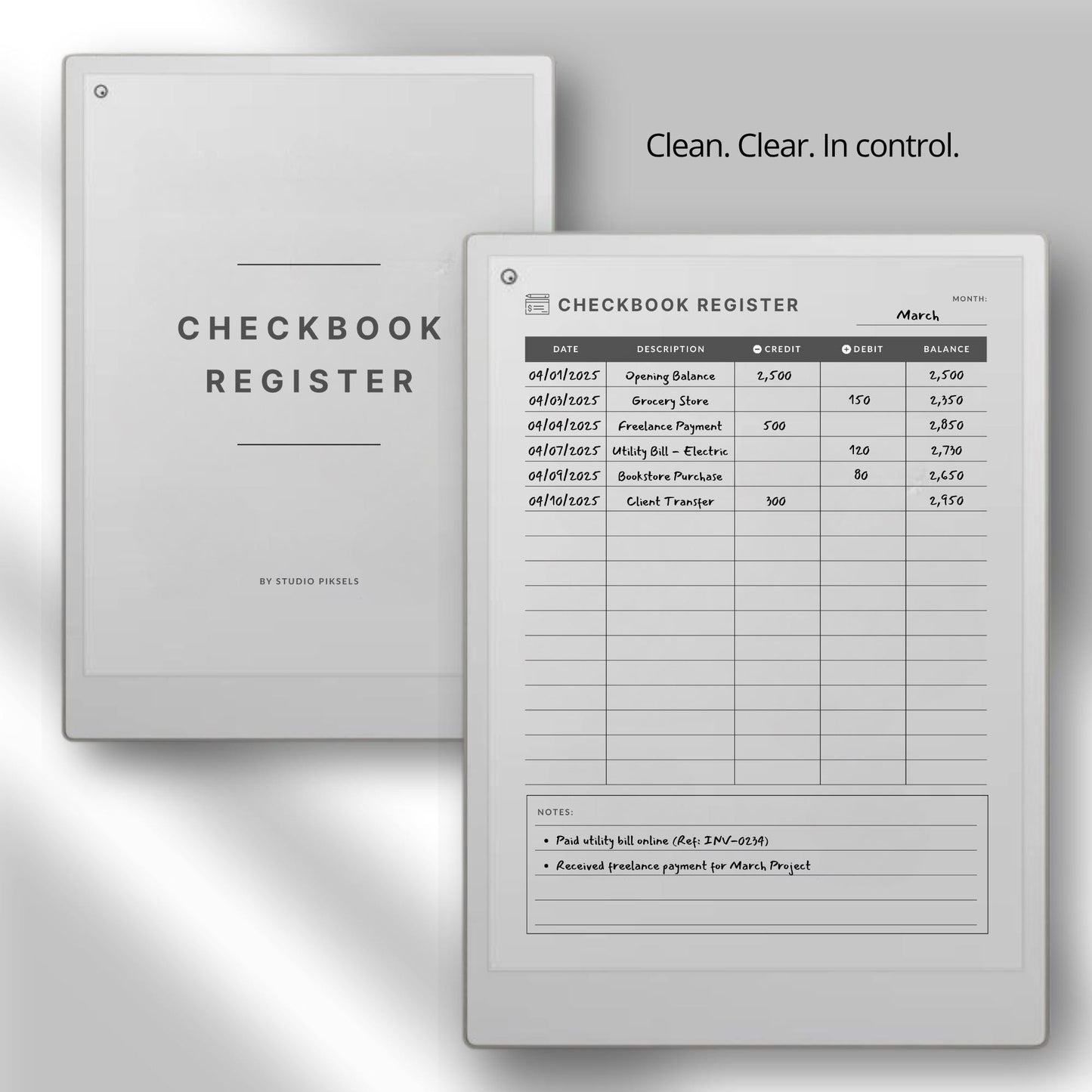 Checkbook register for reMarkable Paper Pro with PDF notebook and PNG template for tracking spending income and balances.