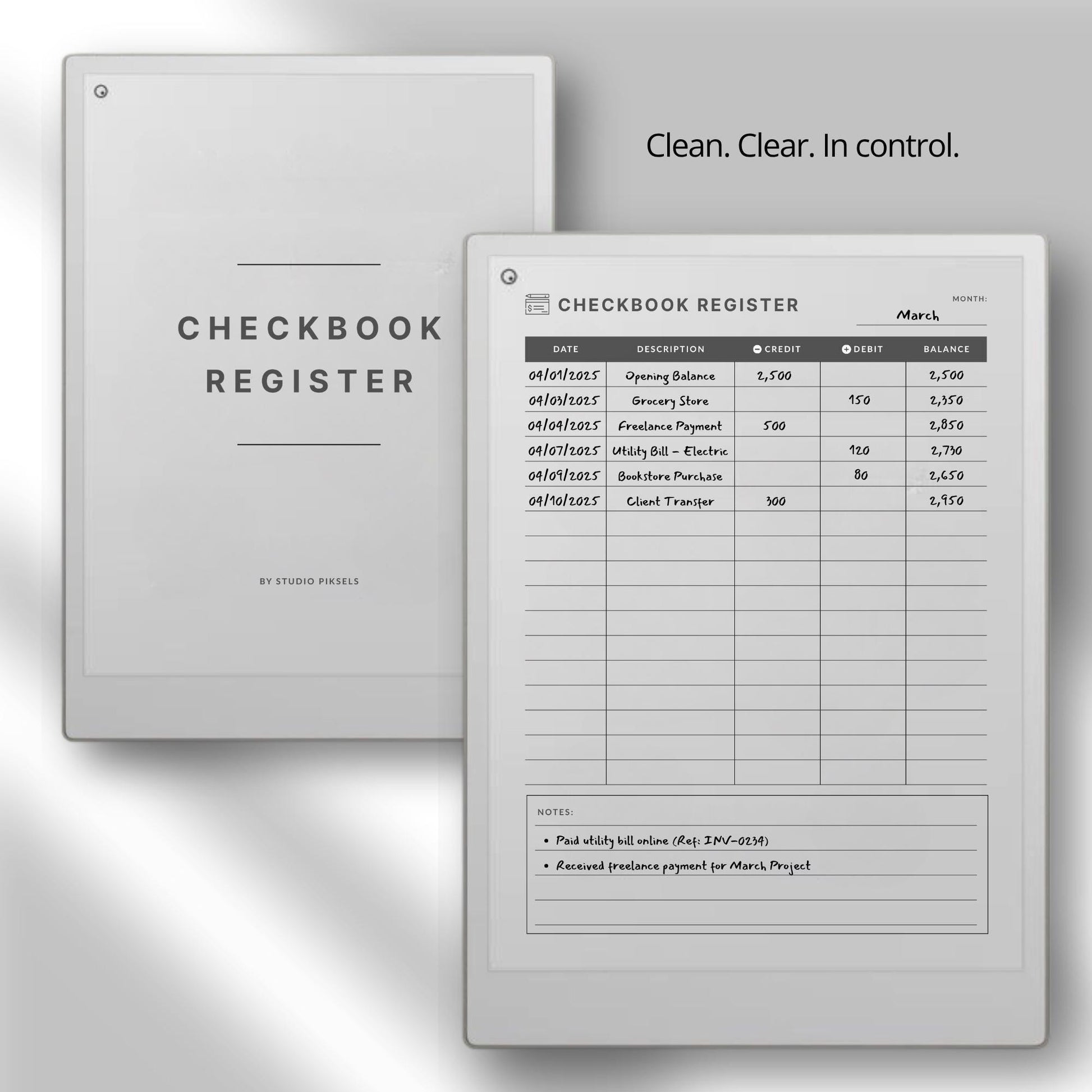 Checkbook register for reMarkable Paper Pro with PDF notebook and PNG template for tracking spending income and balances.