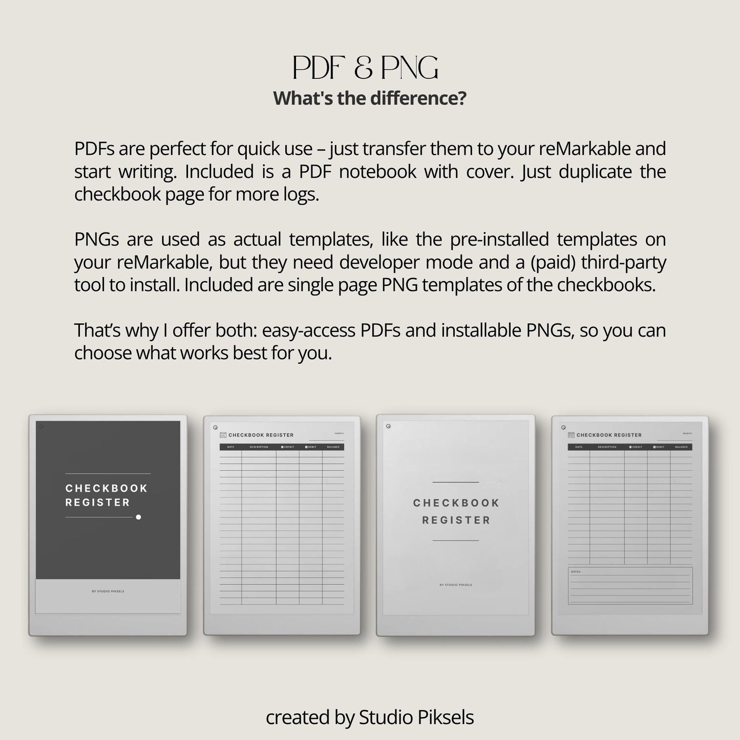 Checkbook register for reMarkable Paper Pro with PDF notebook and PNG template for tracking spending income and balances.