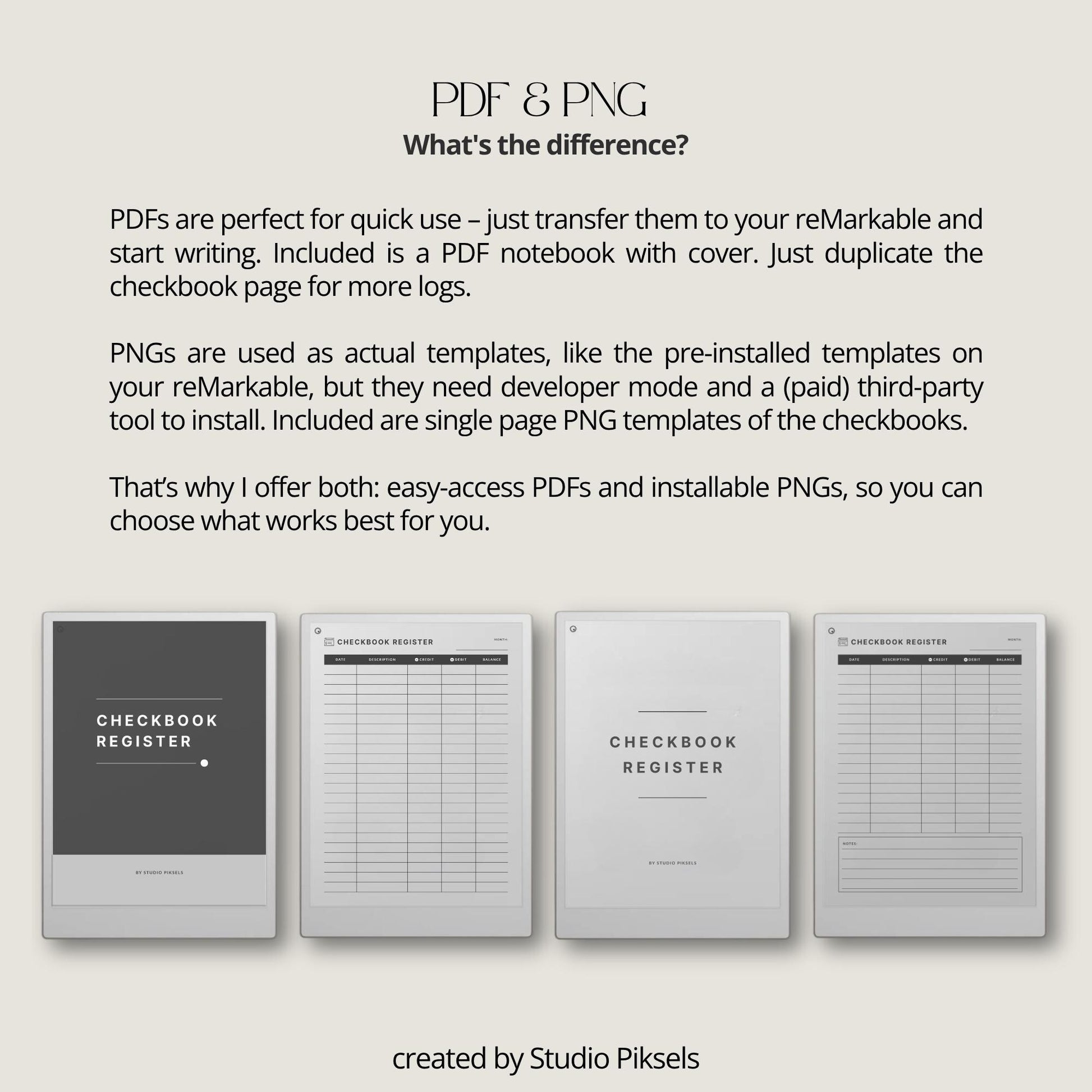 Checkbook register for reMarkable Paper Pro with PDF notebook and PNG template for tracking spending income and balances.