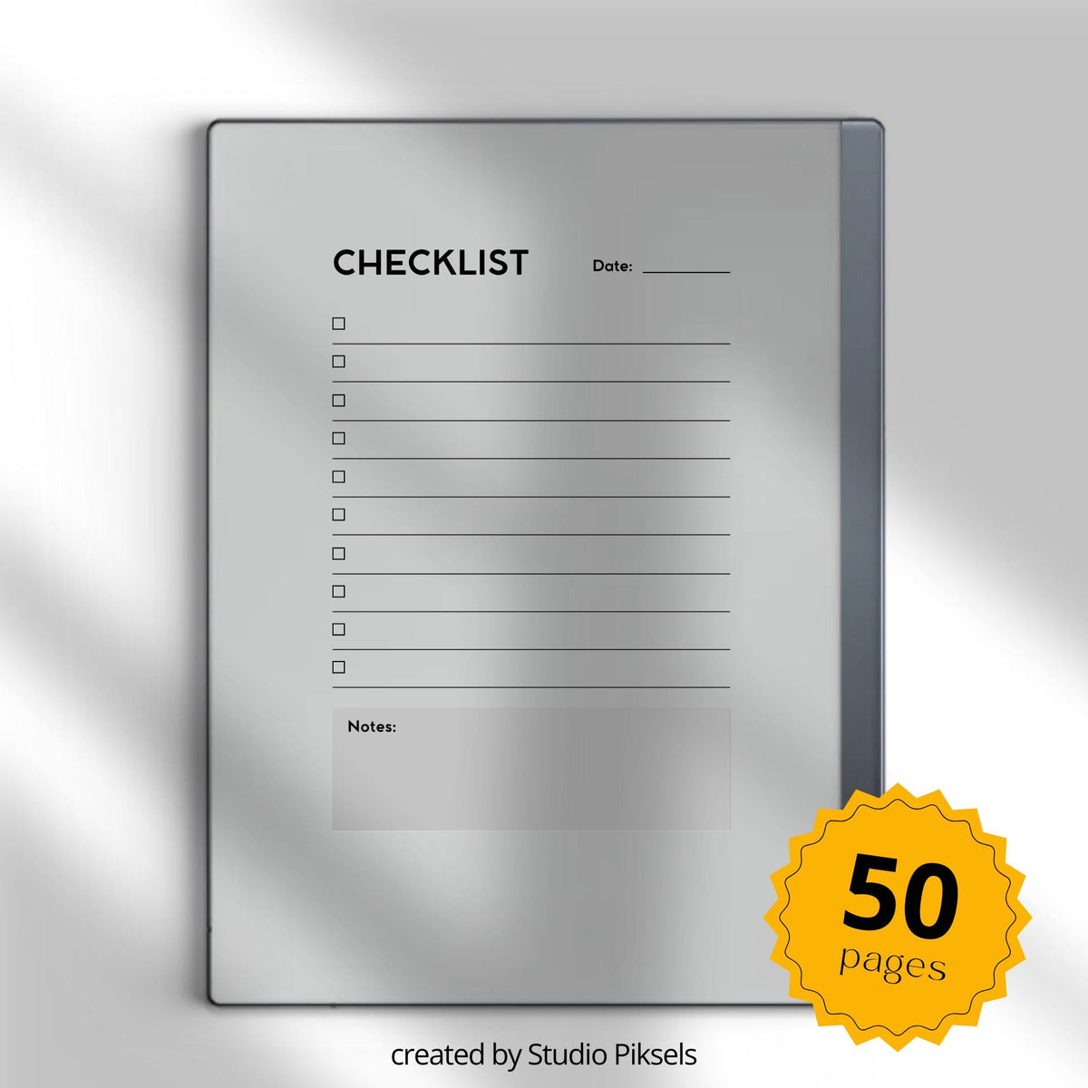 Checklist Notebook PDF for reMarkable 2 and Paper Pure with grayscale to-do list pages and minimalist task management layout