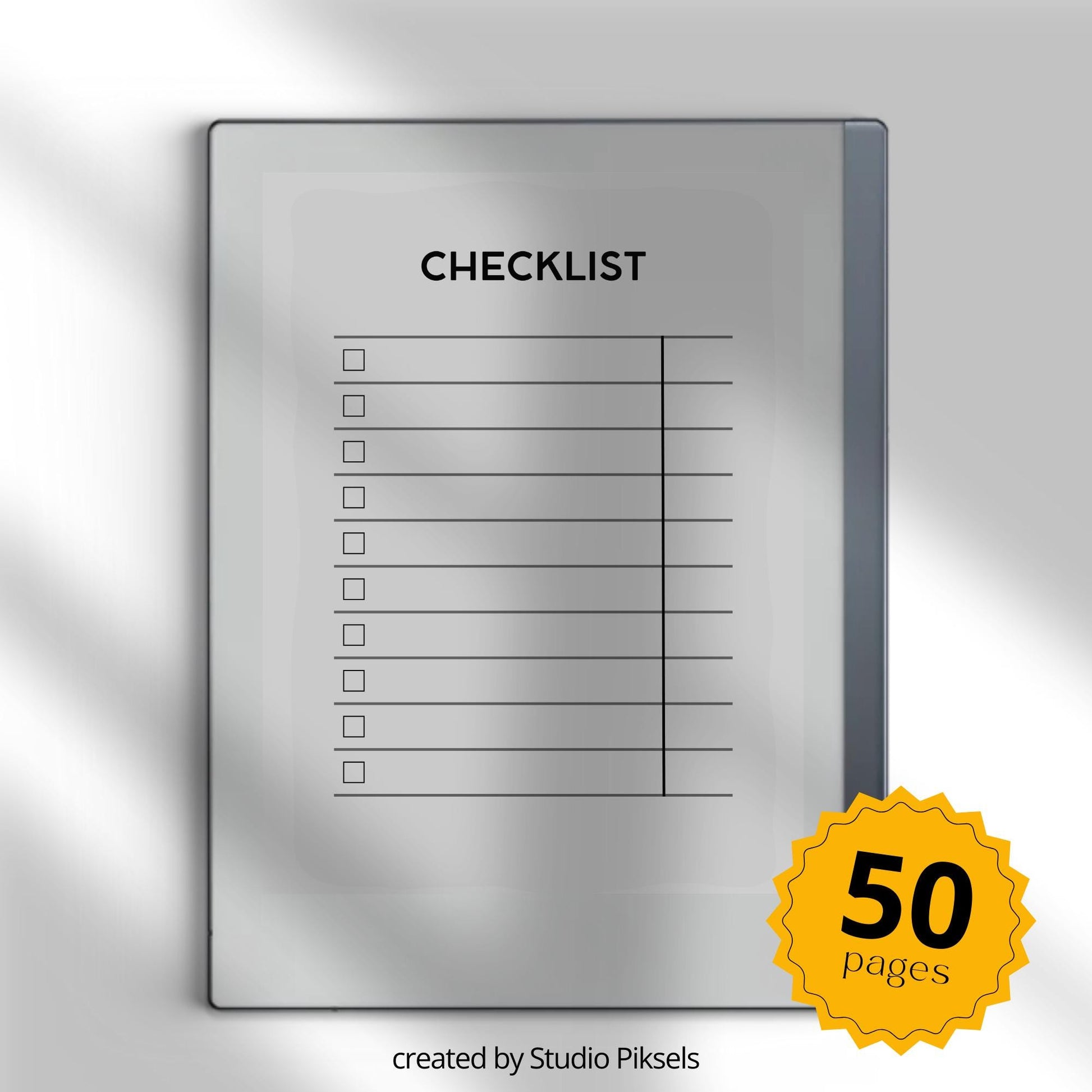 Checklist Notebook for reMarkable 2 and reMarkable Paper Pure featuring reusable digital checklist pages with minimalist task management and productivity layouts