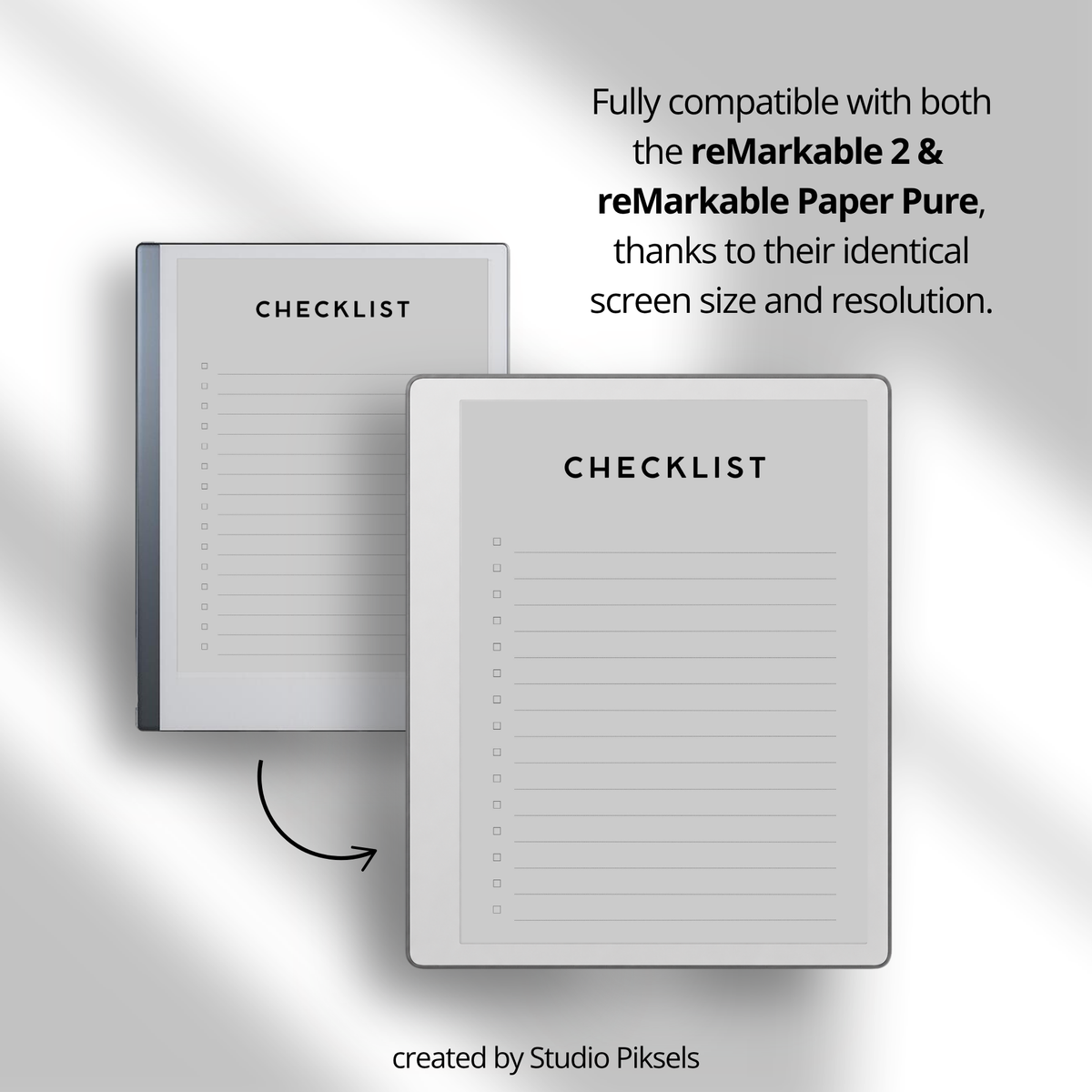 Checklist Notebook for reMarkable 2 and reMarkable Paper Pure featuring 50 reusable checklist pages with minimalist layouts for daily task management, to-do lists, tracking priorities, organizing projects, and staying productive.