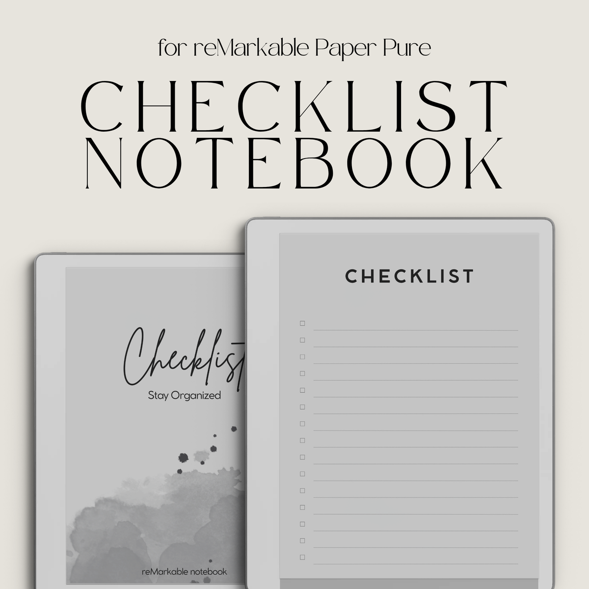 Checklist Notebook for reMarkable 2 and reMarkable Paper Pure featuring 50 reusable checklist pages with minimalist layouts for daily task management, to-do lists, tracking priorities, organizing projects, and staying productive.