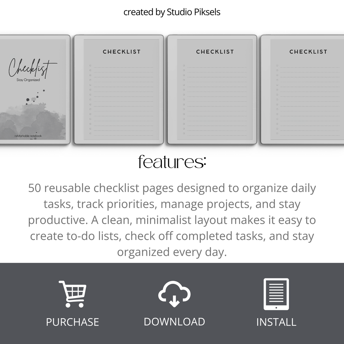 Checklist Notebook for reMarkable 2 and reMarkable Paper Pure featuring 50 reusable checklist pages with minimalist layouts for daily task management, to-do lists, tracking priorities, organizing projects, and staying productive.