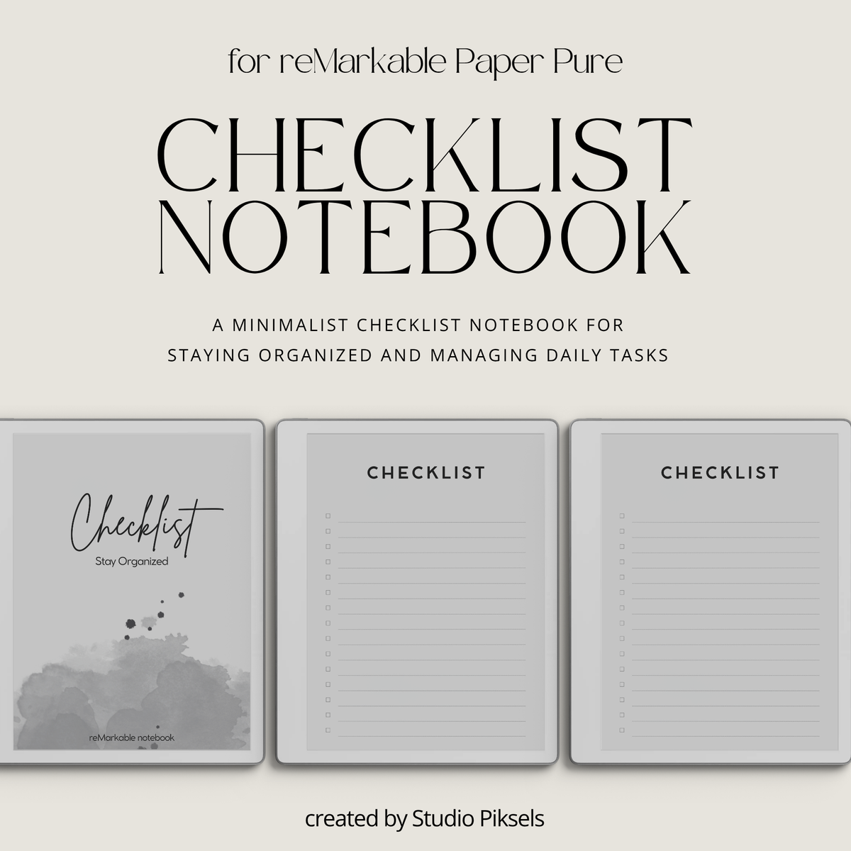 Checklist Notebook for reMarkable 2 and reMarkable Paper Pure featuring 50 reusable checklist pages with minimalist layouts for daily task management, to-do lists, tracking priorities, organizing projects, and staying productive.