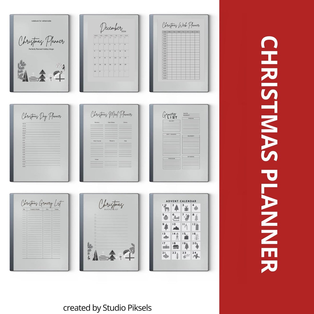 Christmas Planner for reMarkable 2 and reMarkable Paper Pure featuring holiday planning pages, meal prep layouts, grocery lists, advent calendar, and festive digital organization templates