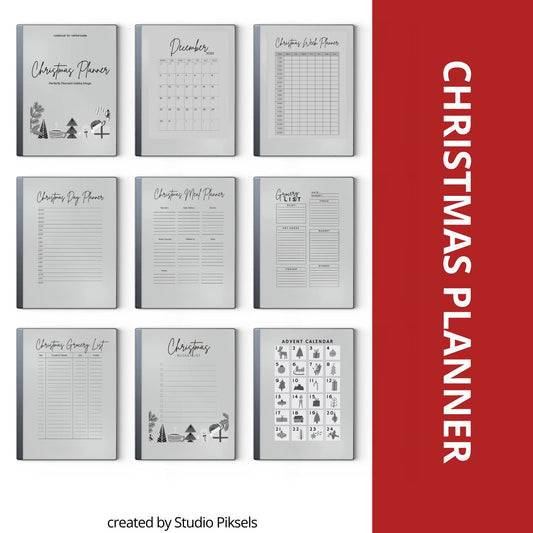 Christmas Planner for reMarkable 2 and reMarkable Paper Pure featuring holiday planning pages, meal prep layouts, grocery lists, advent calendar, and festive digital organization templates