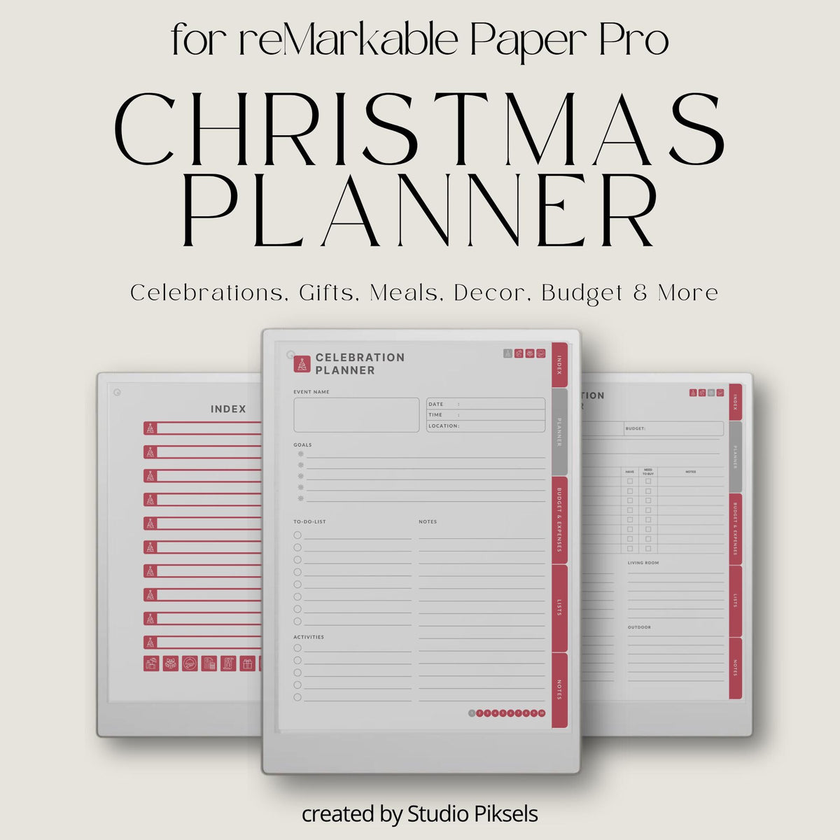 Hyperlinked Christmas Planner for reMarkable Paper Pro with holiday budgeting pages, gift trackers, meal planning layouts, travel sections, and festive digital organization tools.