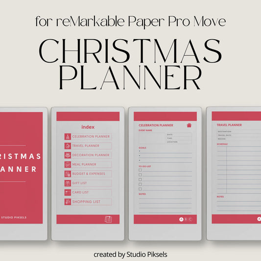 Christmas planner for reMarkable Paper Pro Move used to organize holiday plans, gifts, budgets, meals, and festive schedules.